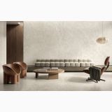 Gresie Piemme Stone Revolution Travertino Ivory 60x120 cm Satin – ambient living, living modern cu canapea bej si perete travertin