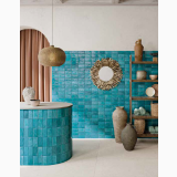 Faianta ABK Poetry Colors Turquoise Lucios Brick 7,5x15 cm – ambient living, insula bucatarie rotunda si perete turcoaz cu oglinda