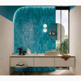Faianta ABK Poetry Colors Turquoise Lucios Brick 7,5x15 cm – ambient baie, baie moderna cu perete turcoaz si vanitar bej