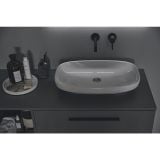 Lavoar I.Life B Ideal Standard 60x37 cm – ambient baie, lavoar oval alb pe blat gri antracit modern, pe pardoseala si perete
