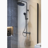 Coloana Dus cu Termostat Negru Mat Ideal Standard Ceratherm T25+ – ambient baie, coloana dus neagra montata pe perete gresie gri
