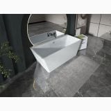 Cada Freestanding Rectangulara Tabitha 170x74 cm – ambient baie, cada freestanding alba, baie gri cu oglinda rotunda, pe pardoseala