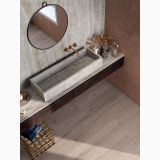 Gresie Abk Taj Mahal Mat 120x120 cm – ambient baie, baie moderna cu lavoar suspendat si oglinda rotunda, pe pardoseala