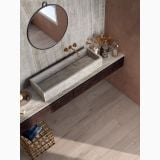 Gresie Abk Taj Mahal Lucios 120x120 cm – ambient baie, baie moderna cu lavoar suspendat si oglinda rotunda, pe perete