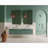 Gresie Decora Terrazzo Arcobaleno 60x120 cm – ambient baie, baie verde cu mobilier suspendat si lavoare albe duble, pe pardoseala
