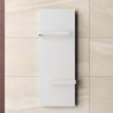 Radiator Panou cu Suport Prosop Alb 1220x452 mm – ambient baie, radiator alb montat pe perete gresie bej