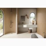 Gresie Terre Bianco 60x120 cm – ambient baie, baie eleganta cu cada, dus si fereastra arcuita, pe pardoseala