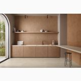 Gresie Terre Canapa 60x120 cm – ambient bucatarie, bucatarie moderna cu blat bej si pardoseala gresie deschisa