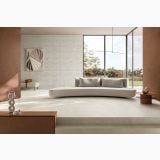 Gresie Terre Cotto 60x60 cm – ambient living, living modern cu canapea curbata si perete decorativ, pe pardoseala