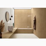 Gresie Terre Senape 60x60 cm – ambient baie, baie moderna cu cada, dus si oglinda rotunda, pe pardoseala si perete