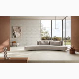 Gresie Terre Bianco 80x80 cm – ambient living, living luminos cu canapea curbata si pereti glisanti, pe pardoseala