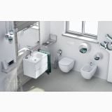 Vas WC Suspendat Rimless Tesi Ideal Standard Cu Capac Soft Close Slim Alb Lucios – ambient baie, baie moderna alba cu vas wc suspendat si bideu, pe perete