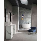 Gresie Timeline HTL 5 Grey 60x120 cm Mat – ambient baie, baie gri cu cada rotunda si lavoare marmura, pe pardoseala