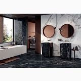 Gresie Abk Titanium Black Mat 60x120 cm – ambient baie, baie luxoasa cu gresie neagra, lavoare marmura si oglinzi rotunde, pe pardoseala