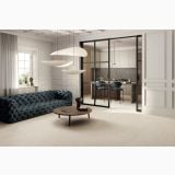 Gresie Poetry Stone Trani Ivory 120x120 cm – ambient living, living elegant cu canapea albastra si bucatarie vizibila, pe pardoseala