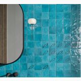 Faianta ABK Poetry Colors Turquoise Lucios 10x10 cm – ambient baie, perete turcoaz cu oglinda rotunda si model pesti