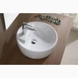 Lavoar Urban Rotund Ø45 cm Cu Preaplin Si Cu Gaura Baterie – ambient baie, lavoar rotund alb pe blat lemn cu bratara