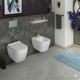 Vas WC Rimless Suspendat Venise cu Capac Soft-Close Sanimed – ambient baie, vas WC suspendat si bideu pe perete marmura gri