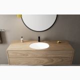 Baterie Lavoar Hansgrohe Vernis Blend 100 Finisaj Negru Mat – ambient baie, lavoar lemn cu oglinda rotunda si baterie neagra, pe perete