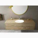 Baterie Lavoar Hansgrohe Vernis Blend 100 Finisaj Crom – ambient baie, lavoar din lemn cu baterie crom si oglinda rotunda, pe perete