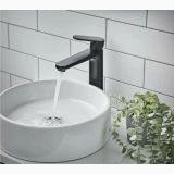 Baterie Lavoar Hansgrohe Vernis Blend 190 Finisaj Negru Mat – ambient baie, baterie neagra mata pe lavoar rotund, plante decorative, pe perete