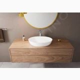 Baterie Lavoar Hansgrohe Vernis Blend 190 Finisaj Crom – ambient baie, baterie lavoar crom pe mobilier lemn, oglinda rotunda aurie