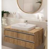 Baterie Lavoar Hansgrohe Vernis Blend 70 Finisaj Crom – ambient baie, lavoar mobila lemn, oglinda rotunda, baterie crom