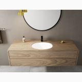 Baterie Lavoar Hansgrohe Vernis Blend 70 Finisaj Negru Mat – ambient baie, lavoar din lemn cu baterie neagra mata si oglinda rotunda, pe perete