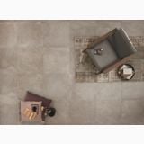 Gresie Rectificata Square Way 60x60 cm – ambient living, vedere de sus cu fotoliu, covor si perne colorate, pe pardoseala