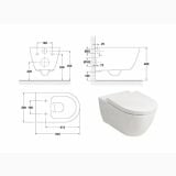 Vas WC Suspendat Emma Rounded Gala Cu Capac Alb Lucios – schita tehnica, desen tehnic cu dimensiuni si vedere 3d obiect sanitar