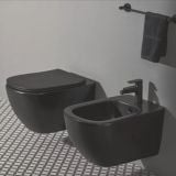 Vas WC Suspendat Tesi Ideal Standard Cu Capac Slim Soft Close Negru Mat – ambient baie, vas wc suspendat negru mat cu bideu asortat, pe perete
