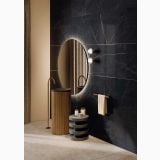 Gresie Precious Black Mat 60x120 cm – ambient baie, baie moderna cu lavoar lemn si oglinda rotunda, pe perete