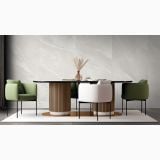 Gresie Portelanata iTiles StoneForm Bianco 60x120 cm – ambient living, living elegant cu masa scaune verzi si perete gresie