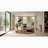 Gresie Gigacer Concrete White Mat 60x60x0.48 cm – ambient living, living luminos cu canapea, covor rosu si plante, pe pardoseala