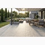 Gresie de exterior Bibulca White Outdoor 90x90 cm – ambient terasa, terasa moderna cu pergola, piscina si zona de relaxare, pe pardoseala