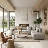 Gresie Climb HCL 10 Bianco Mat 30x60 cm – ambient living, living modern cu semineu, canapea gri si perete marmura, pe pardoseala