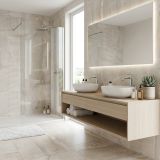 Gresie Climb HCL 10 Bianco Mat 80x80 cm – ambient baie, baie moderna cu dus, oglinda si blat lemn, pe pardoseala si perete