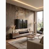 Gresie Climb HCL 5 Noce Mat 80x80 cm – ambient living, living modern cu perete decorativ si canapea textila, pe pardoseala