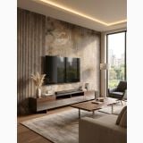 Gresie Climb HCL 5 Noce Mat 60x60 cm – ambient living, living modern cu canapea, comoda tv si covor gri, pe pardoseala