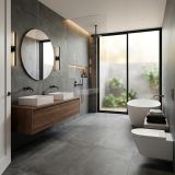 Gresie Climb HCL 8 Nero Mat 60x60 cm – ambient baie, baie moderna cu gresie gri mata si cada freestanding, pe pardoseala