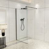 Paravan De Dus Tip Walk-In Finisaj Profil Negru 90x200 cm – ambient baie, baie eleganta cu peretele de dus sticla si finisaje negre, pe pardoseala