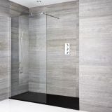 Paravan De Dus Tip Walk-In Finisaj Profil Crom 90x200 cm – ambient baie, cabina dus sticla in baie gri cu pardoseala neagra, pe pardoseala si perete