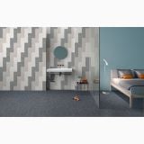 Gresie Digitalart Denim 60x120 cm – ambient baie, baie cu pardoseala gri, dormitor si perete decorativ vizibile