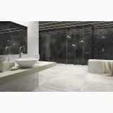Gresie HBO 10 Invisible Gray Lucios 60x120 cm – ambient baie, baie moderna cu dus sticla si lavoar oval, pe pardoseala