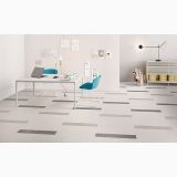 Gresie Digitalart White 30x60 cm – ambient living, birou modern cu masa alba si scaune turcoaz, pe pardoseala