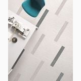 Gresie Digitalart White 10x60 cm – ambient living, pardoseala cu dungi geometrice, birou alb si scaun turcoaz