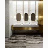 Gresie Akoya Ocean Lucios 60x120 cm – ambient baie, baie luxoasa cu oglinzi ovale si lavoare aurii, pe pardoseala