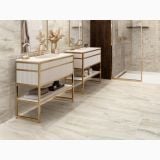 Gresie Akoya Ivory Mat 30x60 cm – ambient baie, baie luxoasa cu mobilier auriu si dus sticla, pe pardoseala