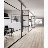 Gresie Barkwood White 30x180 cm – ambient living, birou modern cu partitii de sticla si pardoseala lemn