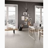 Gresie Fineart Pearl 60x60 cm – ambient living, birou modern cu perete gri si podea gresie deschisa, pe pardoseala